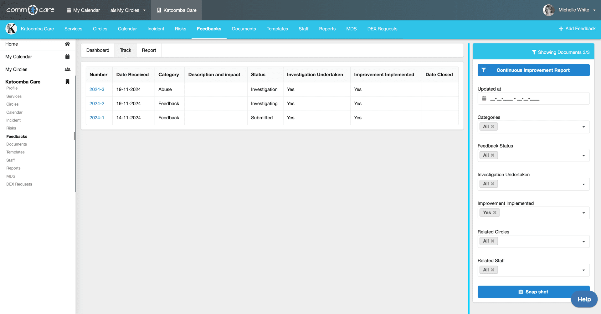 Tracking feedback and complaints with status and improvement filters in Comm.care